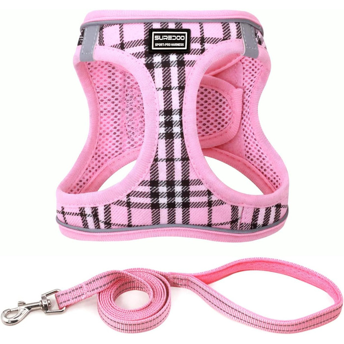 Нашийник для собак маленьких порід з повідком, анти-тягнучий, світловідбиваючий, дихаючий, нагрудник для цуценят (S, обхват грудей: 29-33см) (Рожевий в клітинку, XL (обхват грудей: 46-53см, вага: 8-10.5кг))