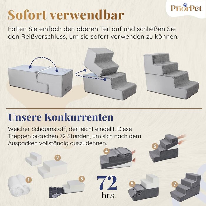 Сходи для собак на ліжко 4 ступені, 58 см – м'яка пінна драбина для малих собак, безпечна і стабільна сходинка для домашніх тварин, знімний та праний чохол, світло-сірий