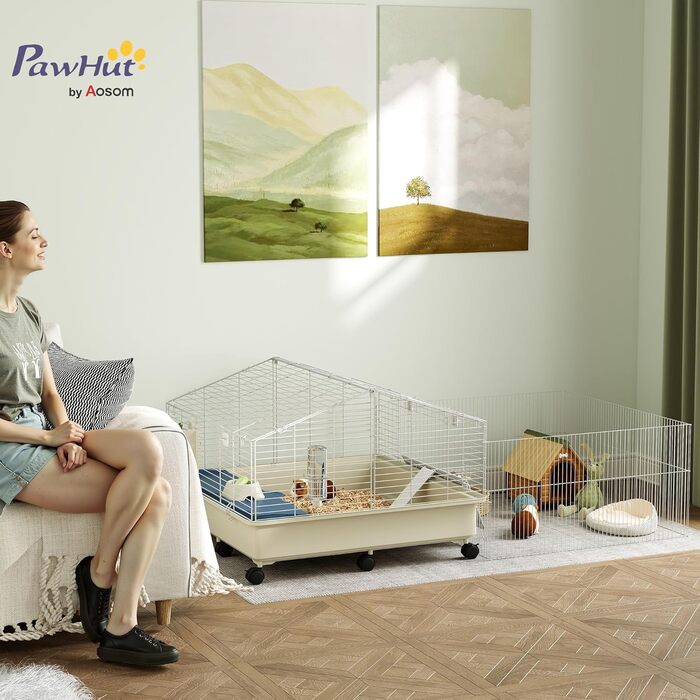 Клітка для дрібних тварин PawHut з вольєром, клітка для кроликів, клітка для дрібних тварин з пляшкою для води, годівницею для сіна, рампою, коліщатками. Підходить для морських свинок та їжаків. Білий колір.