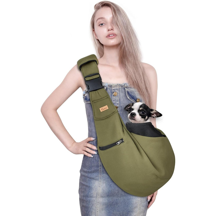 Сумка-переноска для собак CUBY, регульована, двостороння, для маленьких та середніх порід, з безпечним ременем, кишенею на блискавці, знімною підстилкою та підкладкою на плече, зелена, оновлена