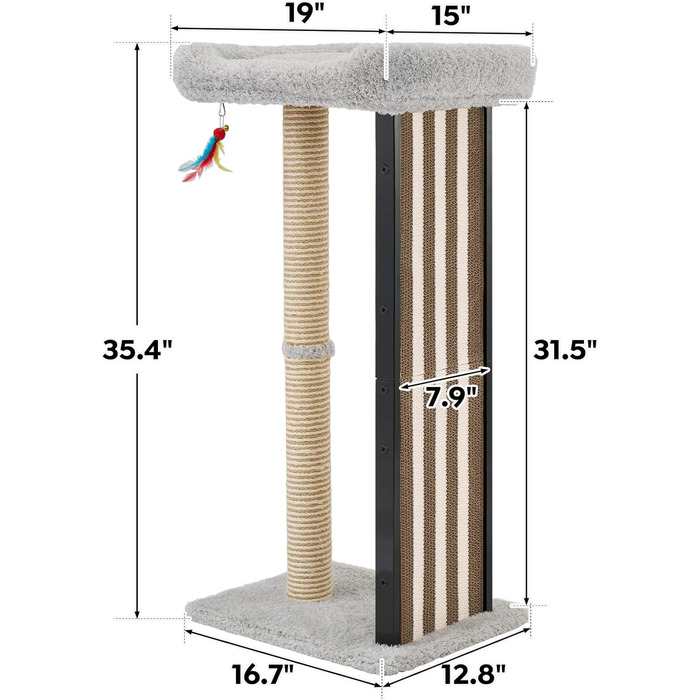 Дряпалка для котів Veehoo, 90 см, сіра. Стабільна дряпка з платформою та іграшками. Підходить для кошенят та дорослих котів. Розміри: 46 x 37 x 90 см