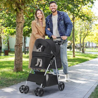 Візок для собак та котів YITAHOME, до 15 кг, з сітчастими віконцями, тримачем для напоїв та кошиком для речей (Чорний)