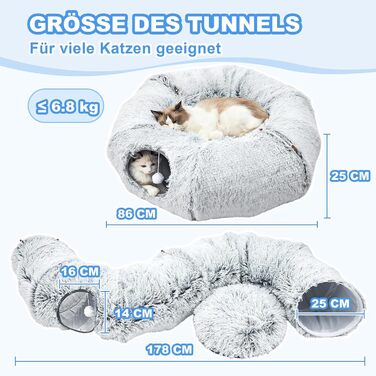 Туннель-іграшка для котів Jiupety з місцем для сну, великий, сірий, з підвісними кульками