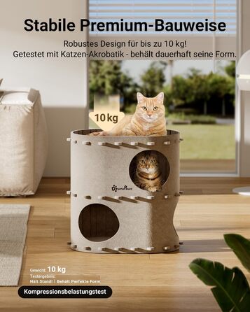 Будиночок-печеринка для котів DownyPaws з фетру, 2-ярусне ліжко для котів, 50 x 33 x 50 см, затишний дизайн, захист кігтів, бежевий