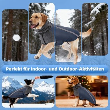 Зимова куртка для собак SlowTon з флісу, водонепроникна та вітронепроникна, з нашийником-гетром та світловідбиваючими смугами, регульована, для цуценят (Темно-синій, L+)