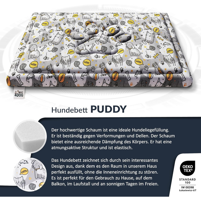 Килимок для собак FDM Puddy, 70x60 см, водонепроникний, з ефектом пам'яті, для маленьких собак, знімний чохол, миючий, сірий з жовтим