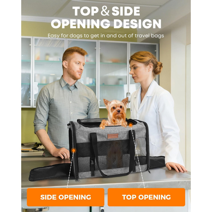 FOXFOCUS Сумка-переноска для собак з м'якими боковинами – 50,8 x 33 x 33 см, безпечний автокрісло, до 6,8 кг, верхній та бічний вхід, велика переноска для тварин з міцним сіткою (сірий)
