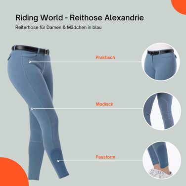 Верхні штани для верхової їзди Riding World Alexandrie для жінок та дітей | Штани для верхової їзди з накладкою на колінах з тканини | з кишенями спереду | Легінси для верхової їзди в шести кольорах | Екіпірування для верхової їзди розмір 104-176 та 32-44