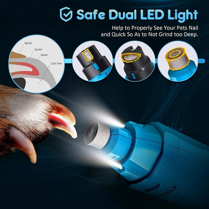 Шліфувальник кігтів для собак Gimars з 6 швидкостями, USB-зарядний, з LED-підсвічуванням, для домашніх тварин (блакитний)