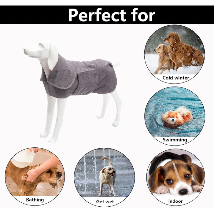 Рушник для собак та котів Geyecete з мікрофібри, швидковисихаючий, з липучкою, дуже поглинаючий, сірий, L