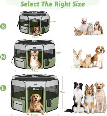 PETSFIT Розкладний вольєр для цуценят та дрібних тварин, вольєр для собак та котів, з водонепроникним дном, Pop-up система, захист від гризучих, 92 x 84 x 53 см (Сірий/Зелений)