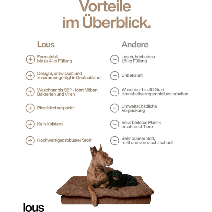 Велике собаче ліжко XXL 120 см сірого кольору з знімним топером, стабільне та зручне, подушка для собак у дорогу, прання до 90°C, для великих та середніх собак (L 90x60x12 см, Колір: коричневий)