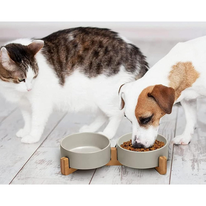 Керамічна миска для собак та котів 2 шт. з підставкою з бамбука, 600 мл, антиковзна, для годування, миска для тварин