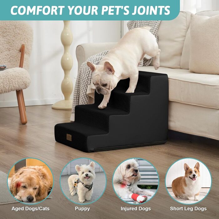 Сходинка для собак маленьких порід, 4 сходинки, 45 см, знімний чохол (чорний, 60x45x45 см)