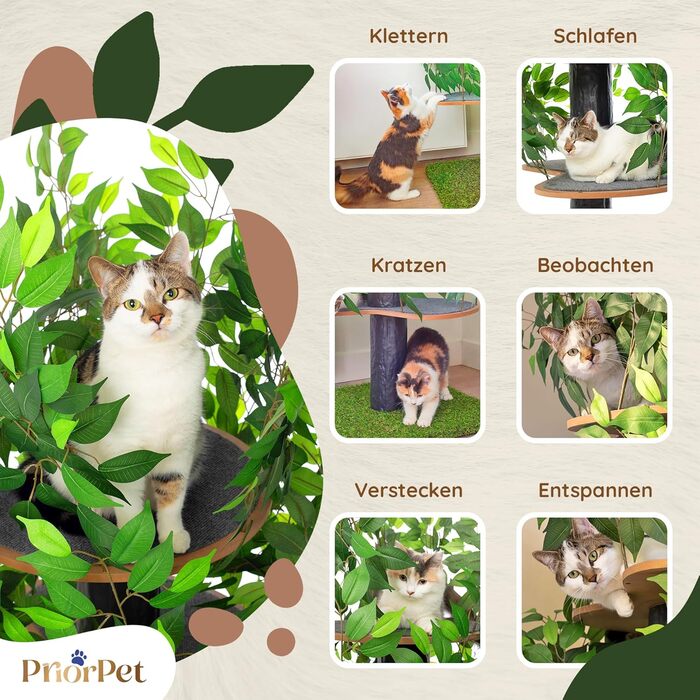 Котячий дряпак Natur 120 см зелений — великий ігровий комплекс для лазіння, хованок і сну, знімне листя, легкий монтаж, безпечні матеріали, патентована міцна конструкція