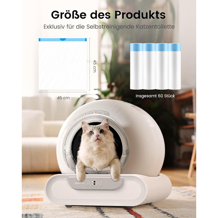 Автоматичний туалет для котів LELO PAWS, 65л, самоочисний, з контролем запаху, керування через APP, електричний, XXL, з мішком для сміття та килимком, для кількох котів, білий (блакитний)