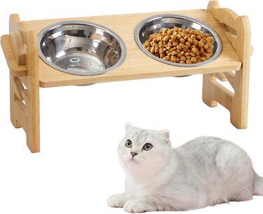 Підвищена годівниця для собак з бамбука з регулюванням висоти, 2 миски з нержавіючої сталі, нахилена годівниця для собак і котів, довговічна