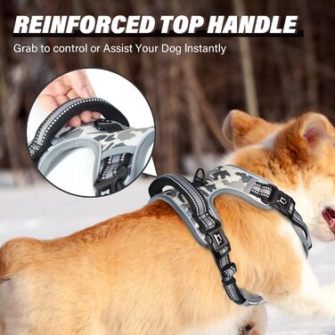 Нагрудник для собак No-Pull, антинатягний, для маленьких, середніх та великих собак - м'який, дихаючий, регульований, світловідбиваючий, з м'яким ручним захопленням (L, Camo Grey)