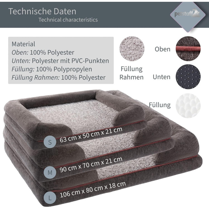 Ортопедичне собаче ліжко з знімним та пральним чохлом, неслизьке, темно-сірий колір, розмір L (106x80x18 см)