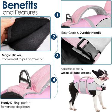 Світловідбиваюча рятувальна жилетка для собак AOFITEE, модель 'Акула', рожева, середній розмір