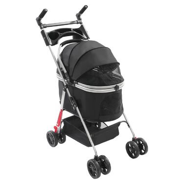 Складаний переносний візок для тварин з вантажопідйомністю 12 кг, знімний кошик 60x33 см, для котів та маленьких собак, для парку та подорожей, сітка для вентиляції та страховий поводок (Чорний)