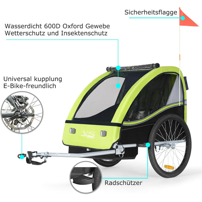 Дитячий причіп Tiggo VS 2 в 1: велосипедний причіп + коляска Jogger, 50202 (зелений лемон)