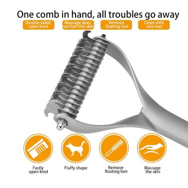 Гребінець для собак та котів з довгою шерстю, 2-етапний, для видалення підшерстя, з цинкової сплави, довговічний, делікатний до шкіри, ефективний проти ковтунів та випадаючого волосся (сріблястий)