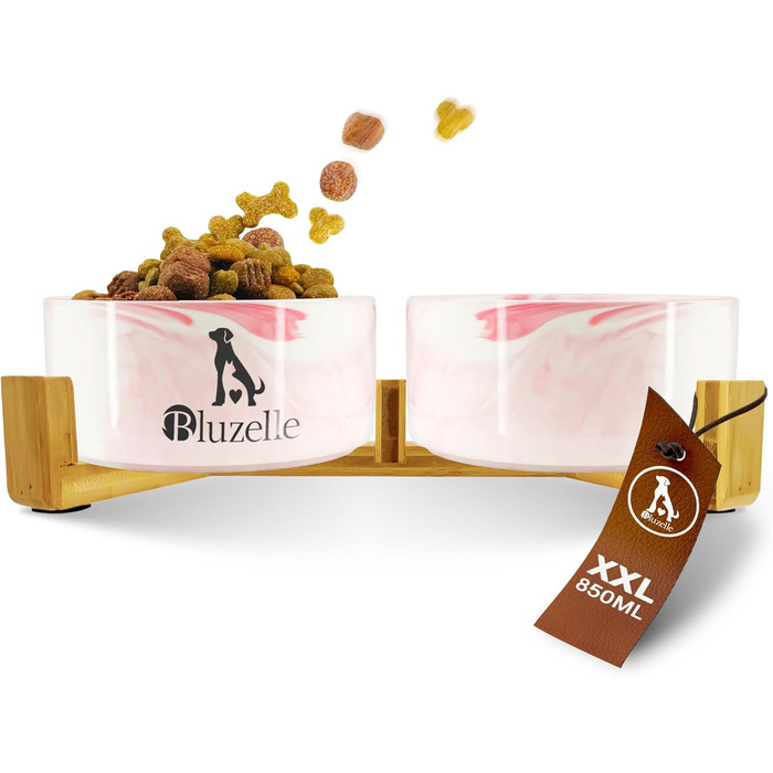 Набір мисок для собак та котів Bluzelle Balance Bowl XXL (2 шт, 850 мл), кераміка, бамбук, антиковзаюча підставка, для сухого та вологого корму, вода (білий, рожевий мармур)