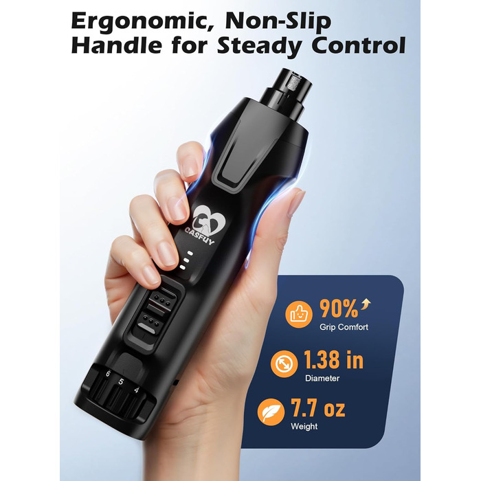 Електричний точилка для собачих кігтів Casfuy - тиха, з LED-підсвіткою та збирачем пилу, 4.8V, для великих собак (чорний)