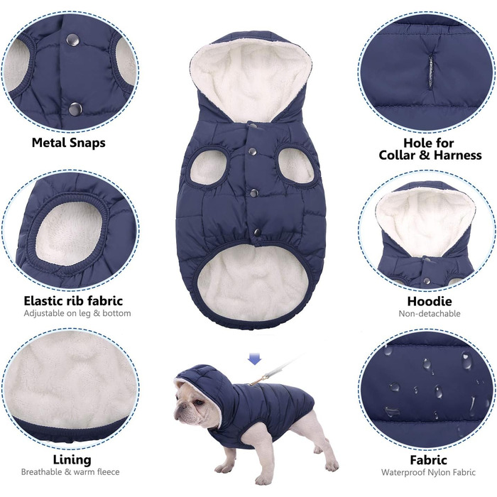 Теплий флісовий худі для собак від вітру та води, з підкладкою з флісу та бавовни, тепла куртка для собак, для холодної погоди, одяг для домашніх тварин, середніх та великих порід (XS, блакитний) XS: Довжина 2.8 м, Обхват грудей 2.5-3.0 м