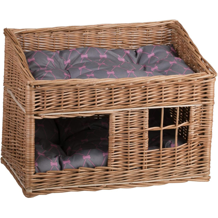 Двоярусна котяча хатинка з ротангу сірого кольору з подушкою та вікном | e-wicker24