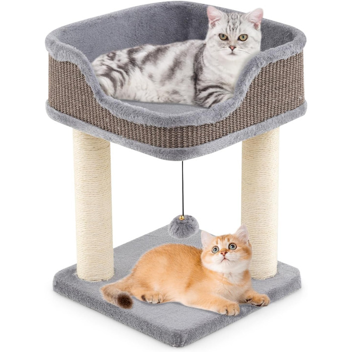 Дряпальня для котів COSTWAY, кігтеточка з плюшем, м'ячиком та сизалевими стовпчиками, дерев'яна, 38x38x51 см (сірий)