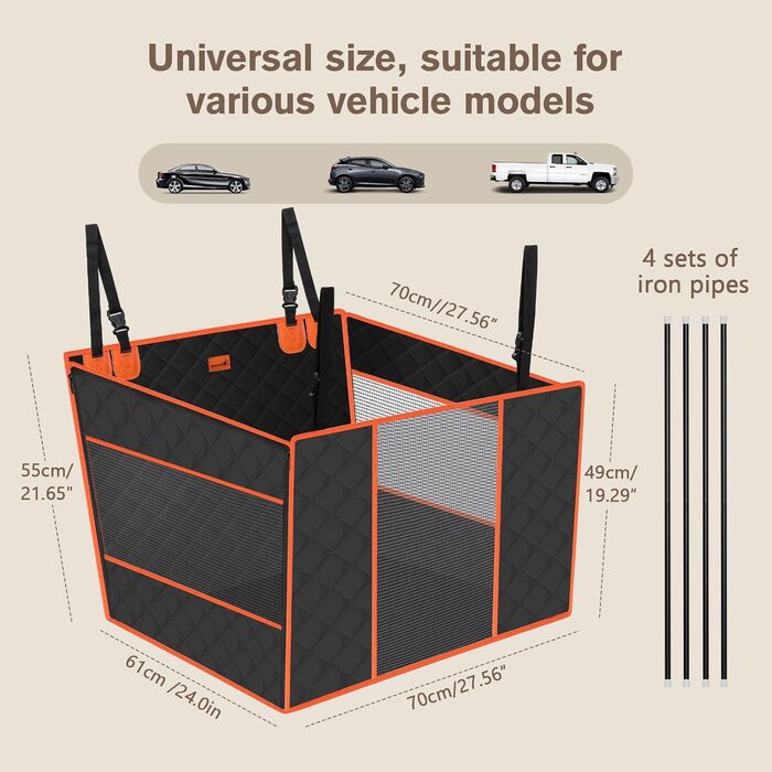 Автокрісло для собак Pecute XL 70×61×55 см, посилене, для середніх і великих порід, з 4 ременями кріплення, бокс для заднього сидіння автомобіля