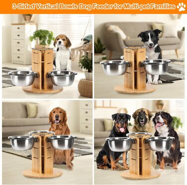 Підвищений годівниця для великих собак, регульована висота, 3 миски з нержавіючої сталі 1400 мл, годівниця-станція на 3 сторони, підставка для собак з дерева та срібла