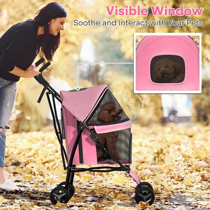 Візок для собак маленьких порід, 4,5-10 кг, візок для цуценят, візок для середніх собак, візок для котів, візок для 2 котів, з багажником, леопардовий принт (рожевий)