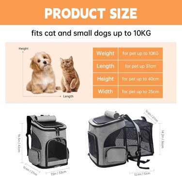 Рюкзак для тварин: переноска для собак та котів до 10 кг, сірий. Розкладний, з 2 матами