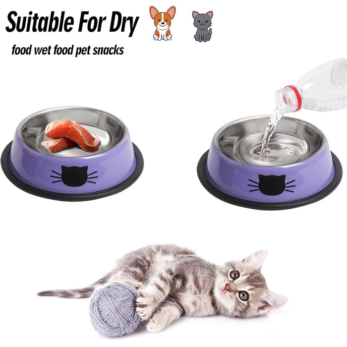 Набори мисок для котячого корму та води, нержавіюча сталь, з гумовим дном, фіолетовий, 2 шт.