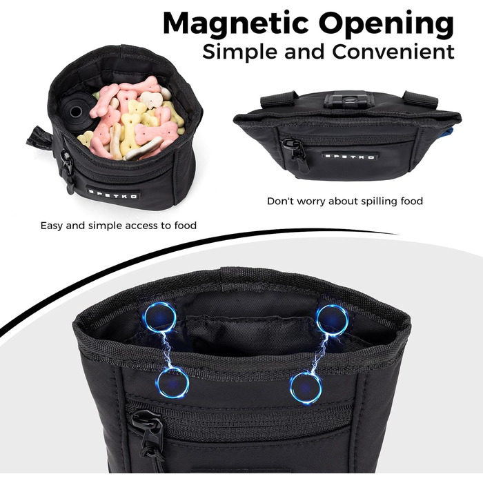 Сумка для ласощів для собак з металевим кліпом на ремінь, міцна застібка-магніт, велика місткість, диспенсер для пакетів для вигулу (чорний)