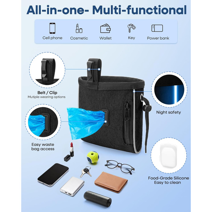 Сумка-лоток для ласощів для собак 2-в-1 (2 чашки) з харчовим силіконом | Сумка для ласощів з шнурком для дресирування та прогулянок | відбиваюче покриття