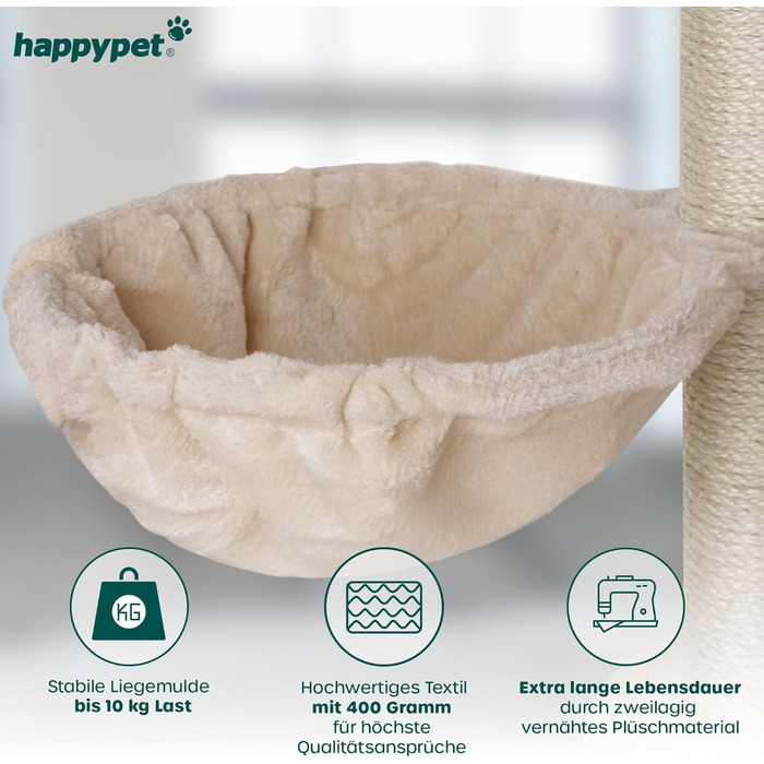 Високий килимок-дерево для котів HAPPYPET SAM 260 см, XXL, бежевий, для кількох котів, стійкі стовпи 8 см, лежанки, будиночки, аксесуари