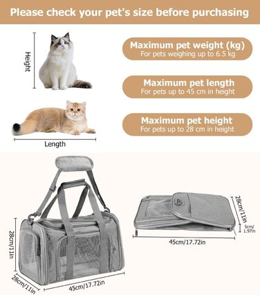 Транспортна переноска для кота та собаки Vuxava, складана, дихаюча, з плечовим ременем та знімним килимком (Сірий, L)