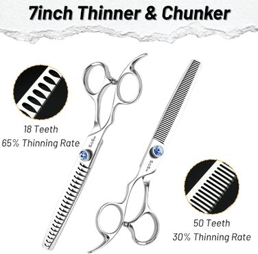 Професійна шерсть для собак 7 дюймів, японська сталь VG10, 50 зубців, безпечна, безшумна, тупа насадка, 30% розрідження, для собак та котів