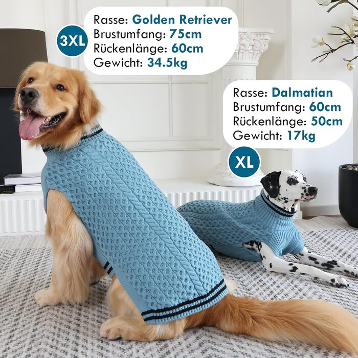 Теплий в'язаний пуловер для собак з коміром-стійкою, блакитний, 3XL XXXL | Підходить для великих собак: Лабрадор, Боксер