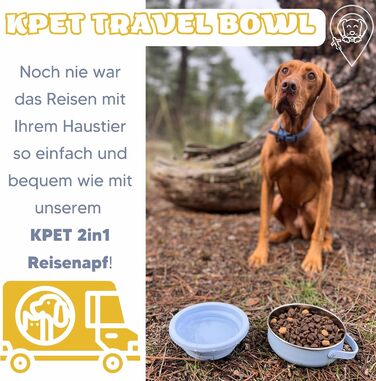 KPET® 2-в-1 складана годівниця для собак, 900 мл: миска для їжі та води, нержавіюча сталь, силікон, антиковзаюча, для подорожей