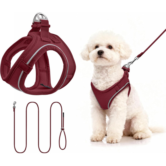 Нашийник та поводок для собак маленьких порід, регульовані, з поглинанням ривка, світловідбиваючий, м'який, дихаючий, для прогулянок, бігу, тренувань (Бордовий S), Винотний S (Окружність шиї: 28-37 см, Окружність грудей: 39-47 см)