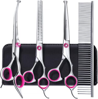 Набір професійних ножиць для грумінгу собак Gimars, 4CR, з безпечними закругленими кінцями, титанове покриття, для стрижки та грумінгу, чорний (рожевий, 5-в-1)