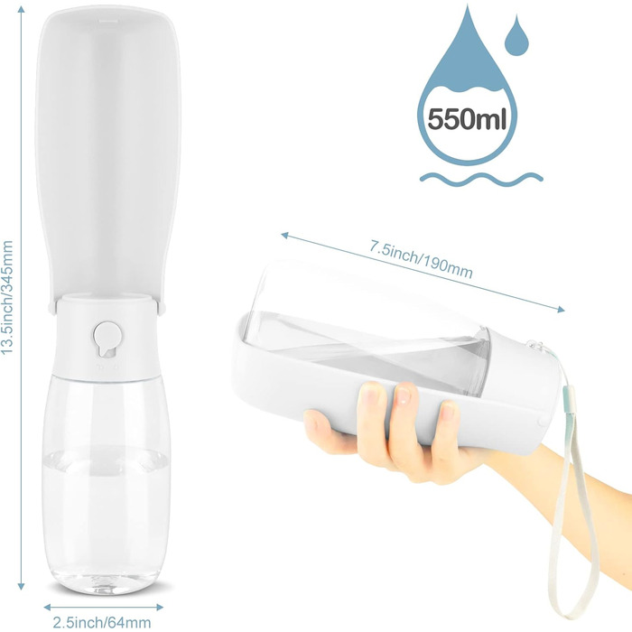 Травельна пляшка для тварин JOPHEK 300мл з фільтром, біла. Без витоку, для собак та котів. Ідеально для прогулянок, подорожей та кемпінгу.