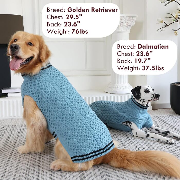 Синій теплий зимовий пуловер для собак середнього розміру з коміром-горловиною, в'язаний з косами, для дівчаток, XXXXL (тепла собача одіяння, набір, для холодної погоди, на Різдво)
