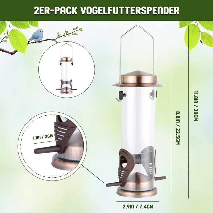 Годівниця для птахів Urban Deco з 2 годівницями, зелена, метал, 2 шт.