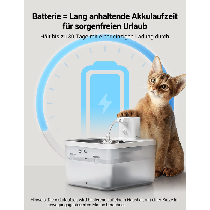 Бездротовий фонтан для котів DownyPaws 2,5 л з датчиком руху, акумулятором 4000 мА·год, тиха помпа та лоток з нержавіючої сталі, білий